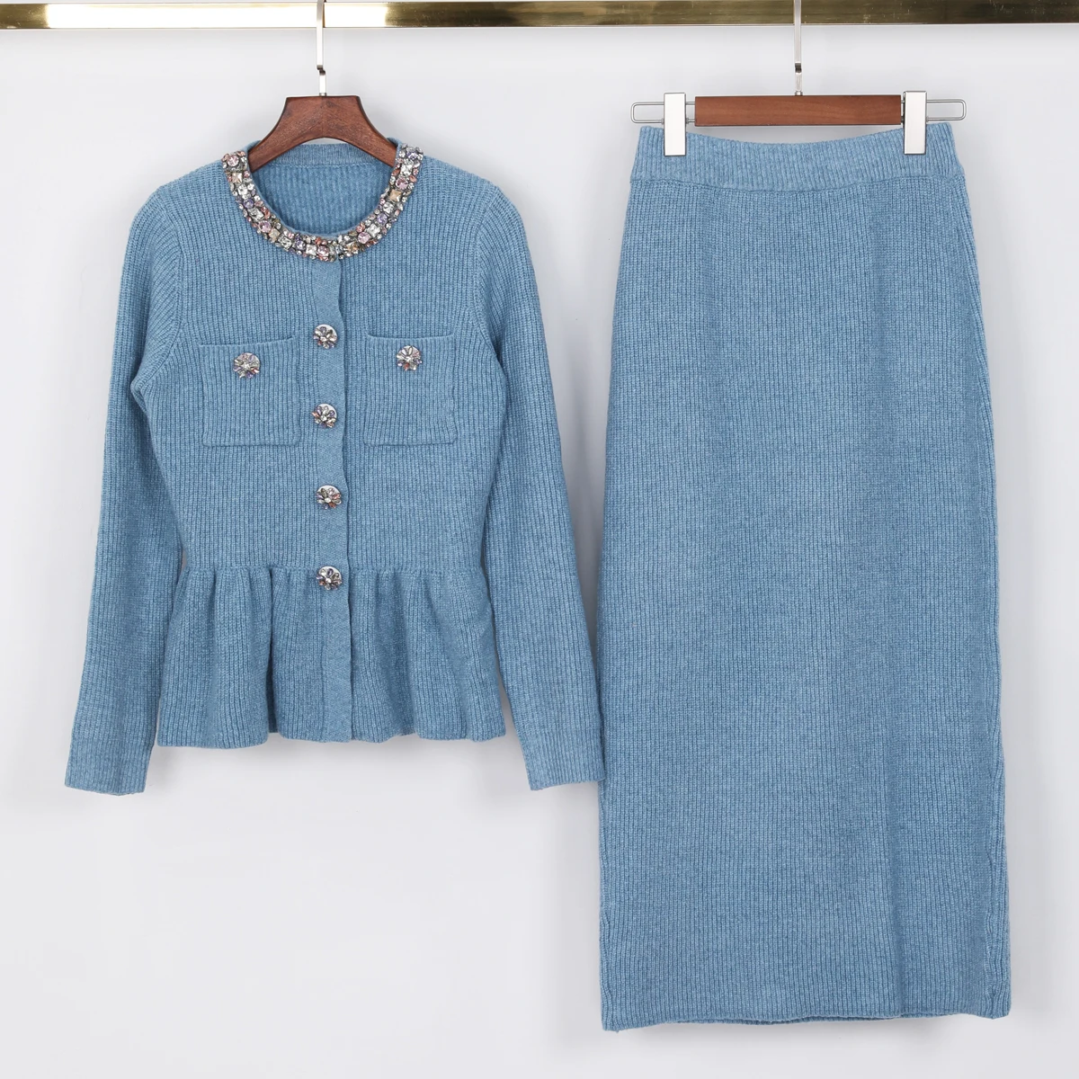 

Generic Brand Women High Quality Spring Autumn Commuting Knitted Set Nail Drill Round Neck Long Sleeve Top Jacket+Skirt