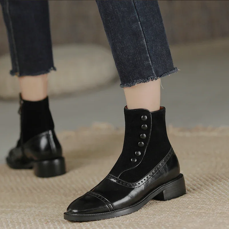 HOT SALE Jesień/Zima Buty damskie Split Leather Shoes for Women Round Toe Chunky Heel Shoes Sheep Suede Tube Rivet Boots Women