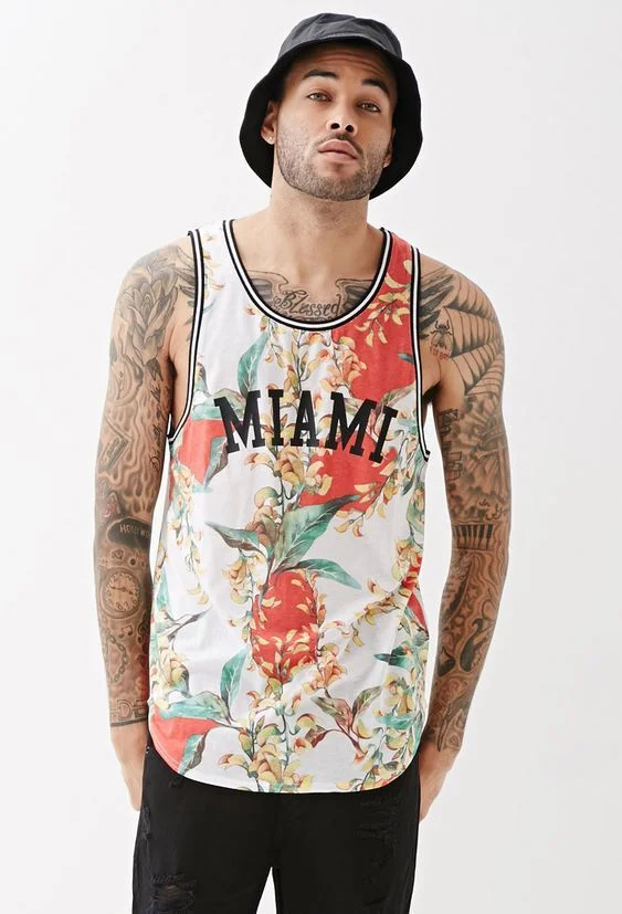 White Tropical Floral Full Print Vest Black and White Ring Decoration Bold Miami Letter Pattern Sleeveless Summer Beach Vacation