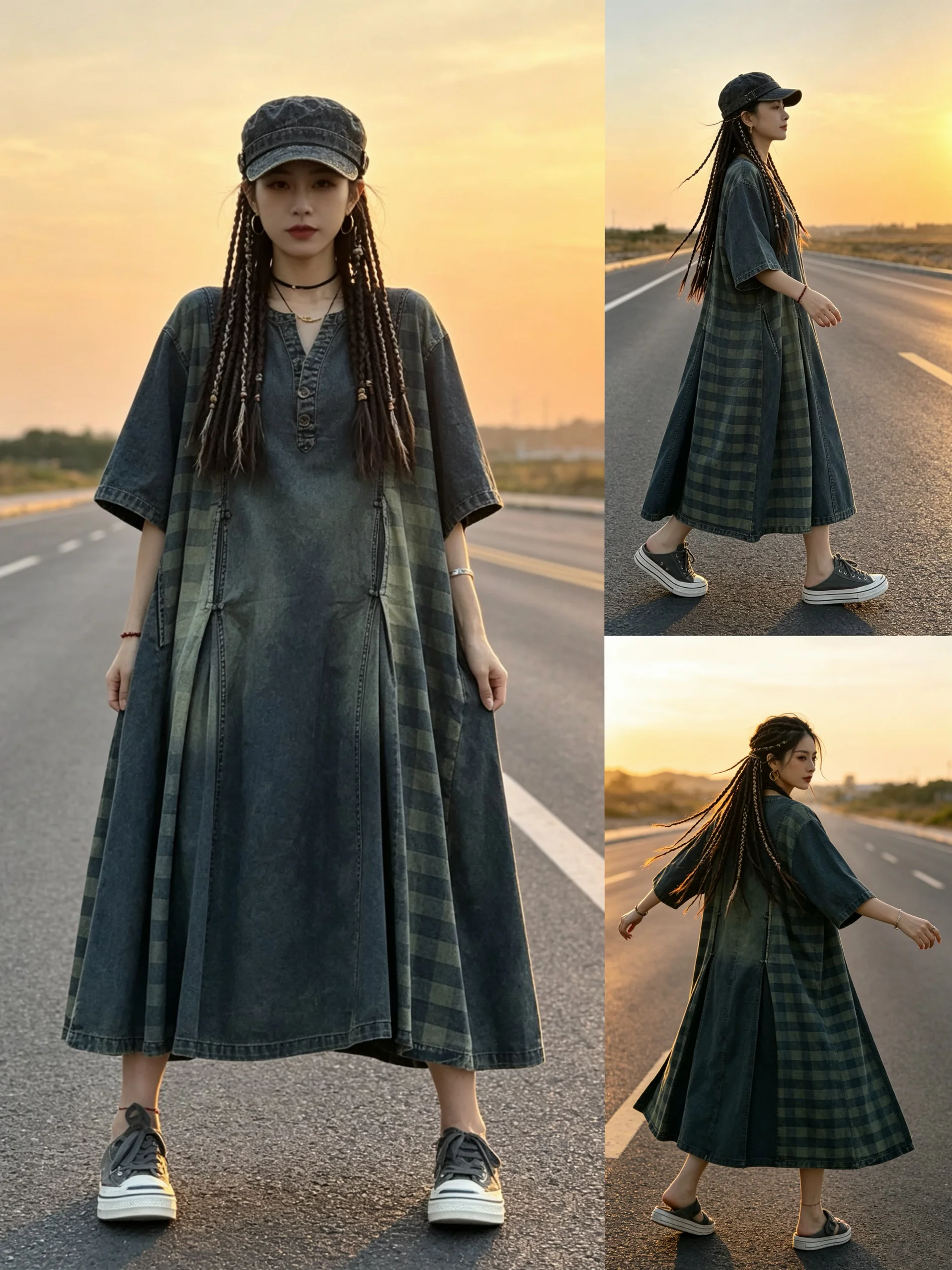 

Original Retro Plaid Splicing Denim Dress Women Summer New Loose Casual Artistic Long Skirt High Waist Cotton Short Sleeve V-...