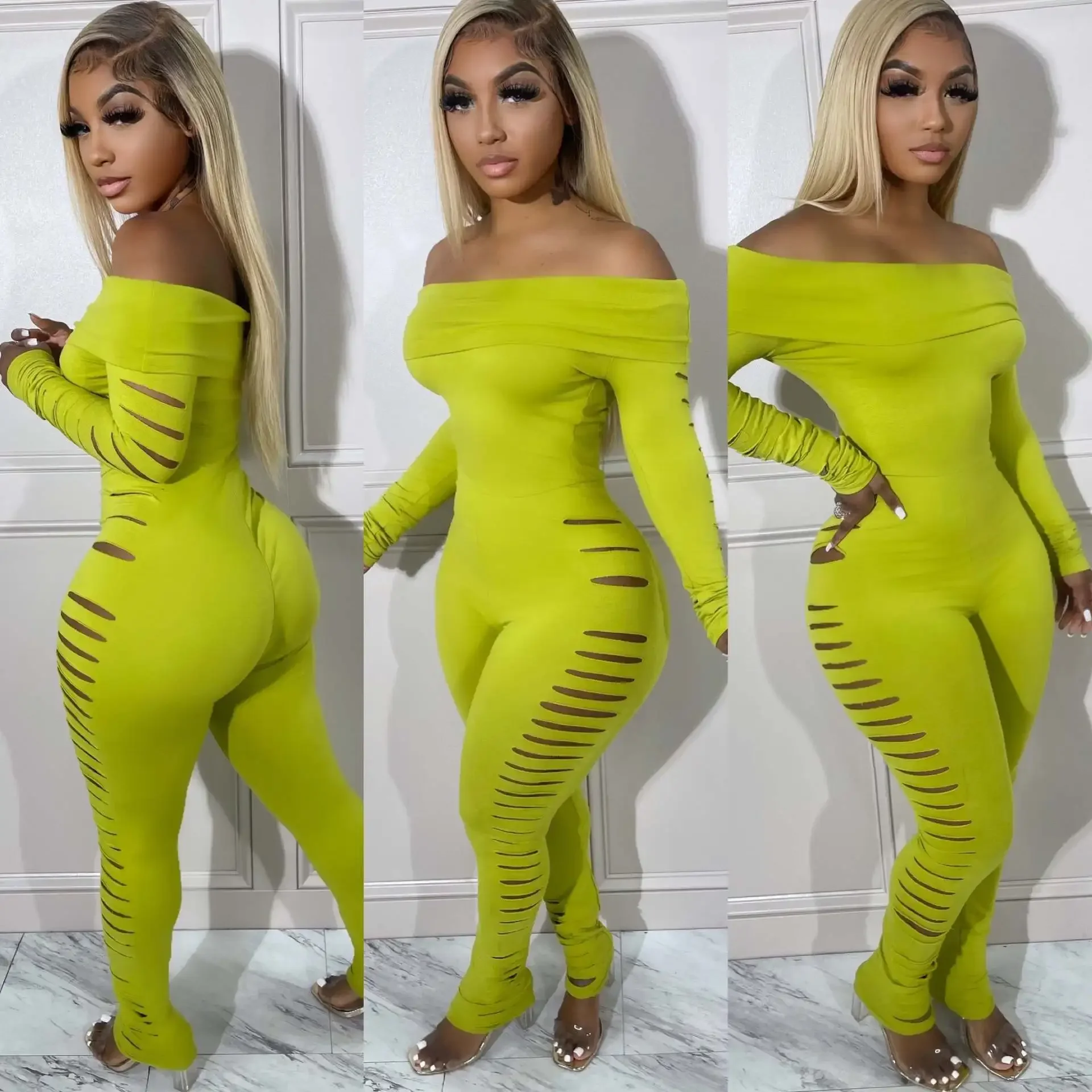 Women Hole Hollow Out Sexy Party Clubwear Long Sleeve Jumpsuits 2026 Spring Slash Neck street One Piece Suit Rompers