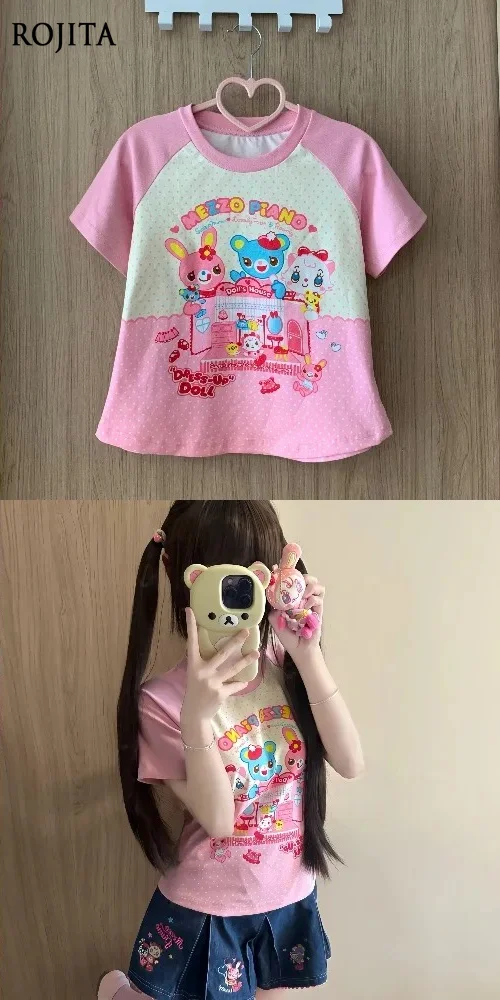 Sweet Lolita Bunny Bear Cat Polka Dot Casual Top Cute Daughter Clothing Japanese Cartoon Print Short Sleeve T-shirt