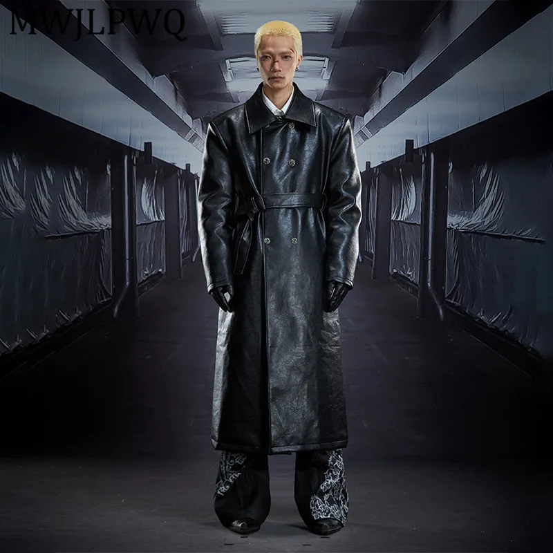 

MWJLPWQ Высококачественный универсальный утепленный кожаный плащ, мужские двубортные повседневные топы на шнуровке с лацканами High Street Tide 12986