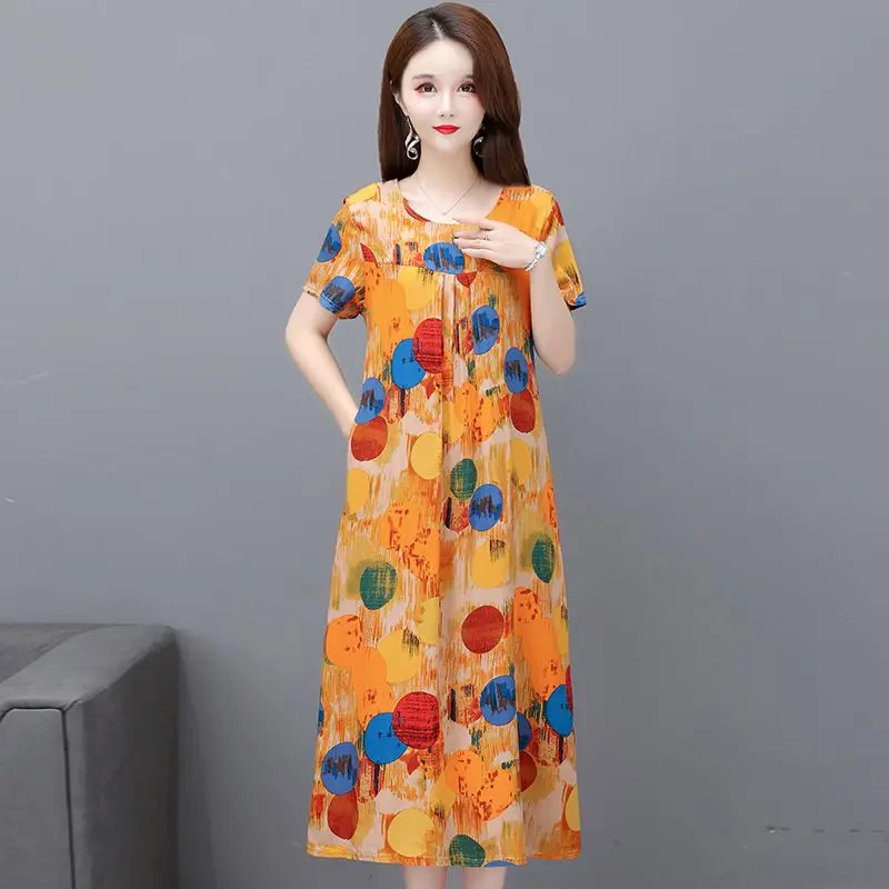 Floral Ladies Fashion Knee-length Summer Korean Pullovers O-neck Slim Midi Dress Printing Dresses Elegant Women's Clothing 2024