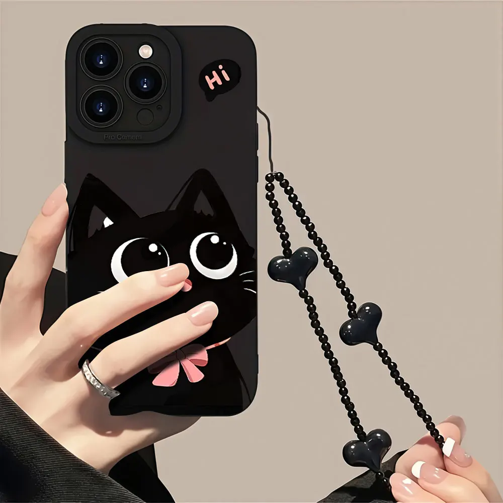 Shockproof Cartoon Black Cat Phone Case For iPhone 17 16 15 14 13 12 11 Pro Max X XS XR 7 8 15 16 14 Plus 16E With Strap Cover view 2