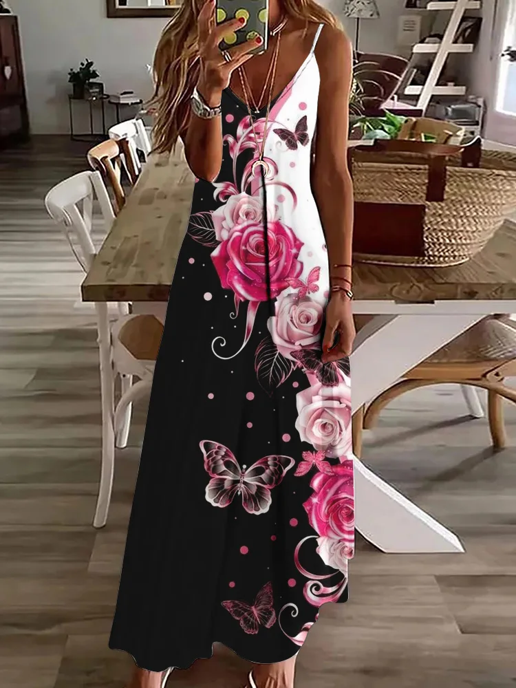 

2025 New Rose And Butterfly Print Women's Dress Summer Casual Everyday Women's Slip Dress Urban Street Fashion Sleeveless Dress