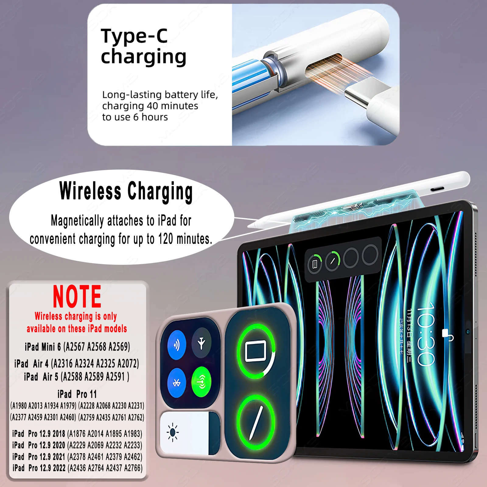 Stylus Pencil for iPad Pro 11 12.9 2018-2022 Air 3 4 5 10.9 10th 10.2 9.7 6th Mini 5 6 Wireless Charging Palm Rejection Pen