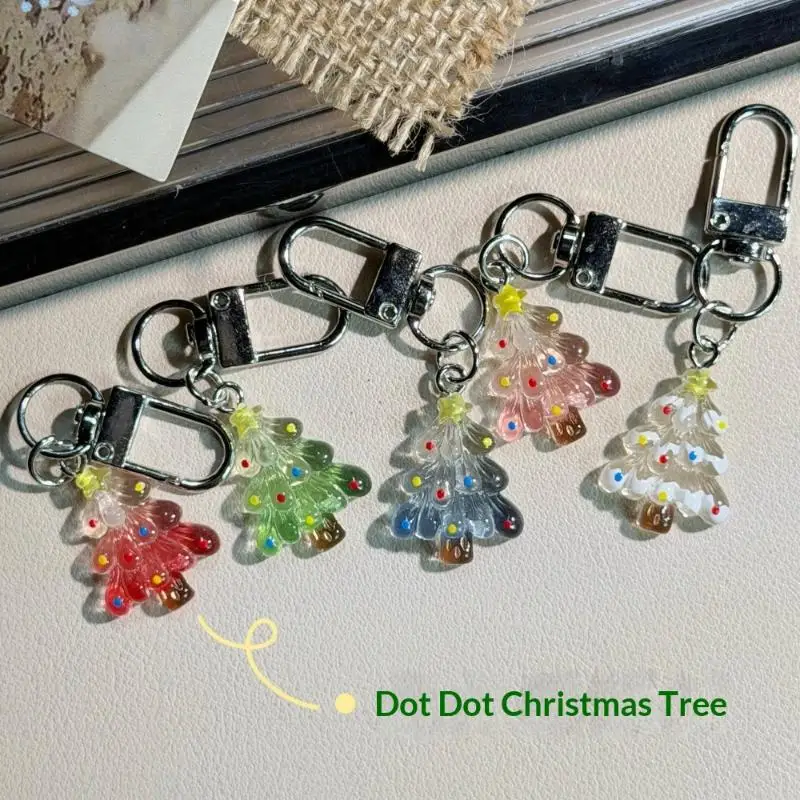 Cute Christmas Tree Keychains Transparent Colorful Dotted Design 1/5/6Pcs Bulk Set for Xmas Bag Decor Small Gift