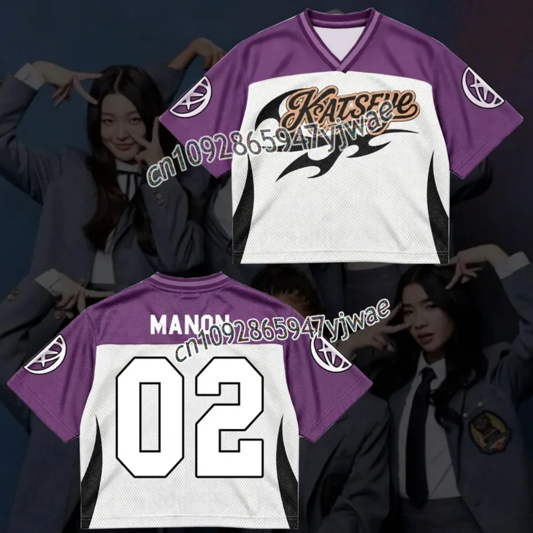 Modisches KATSEYE Purple Flame Streetwear Mesh-Trikot für Fans, Herbst, Herren- und Damen-Kurzarm-T-Shirt, Kpop Lara Sophia Fans Geschenk – Detail 8