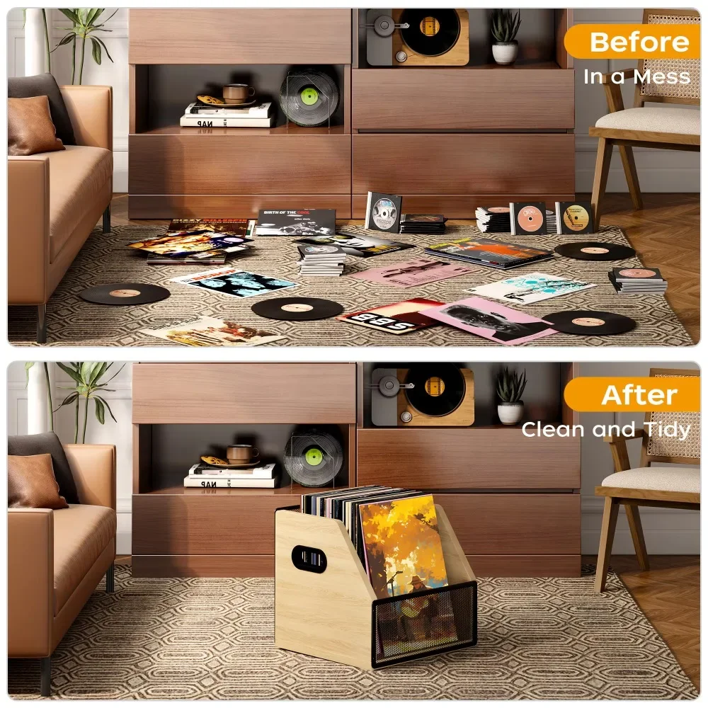 Modern Wooden CD Rack Living Room Storage Crate with Desktop Album Holder LP Record Box
