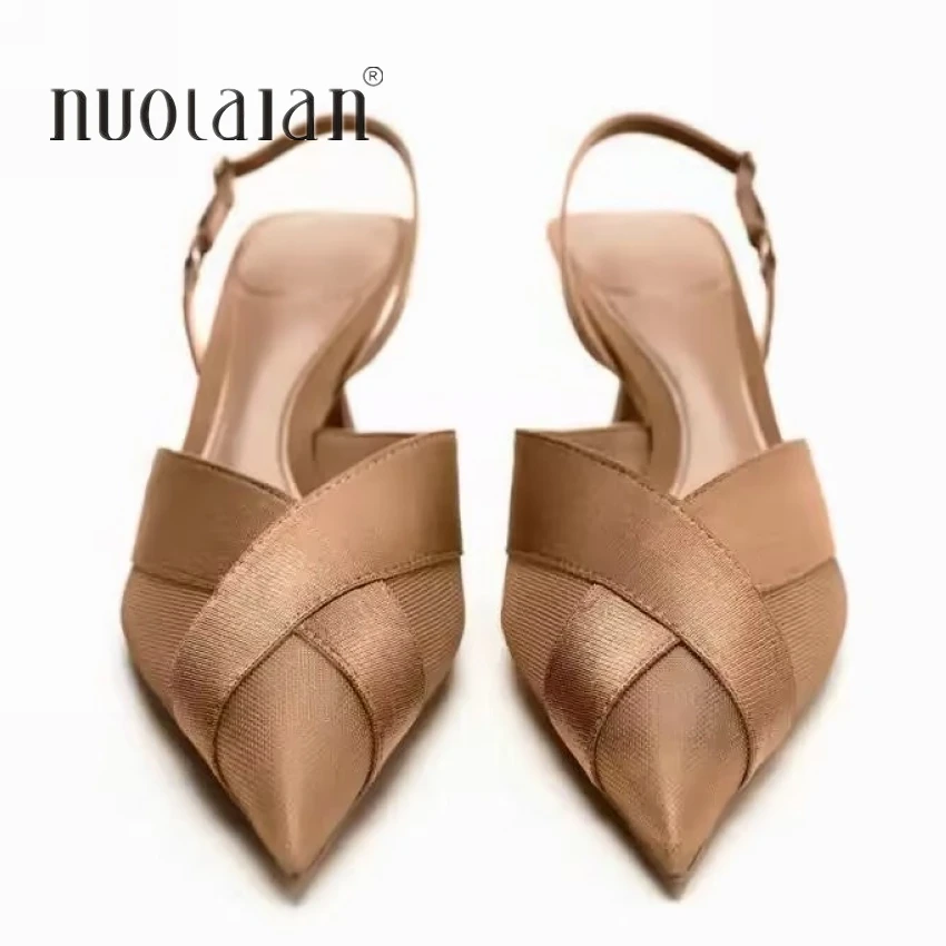 2023 Woman Brown High Heels Women Sandals Summer Fashion Pointed Toe Low-heel Pumps Slingbacks Elegant Female Heeled Shoes