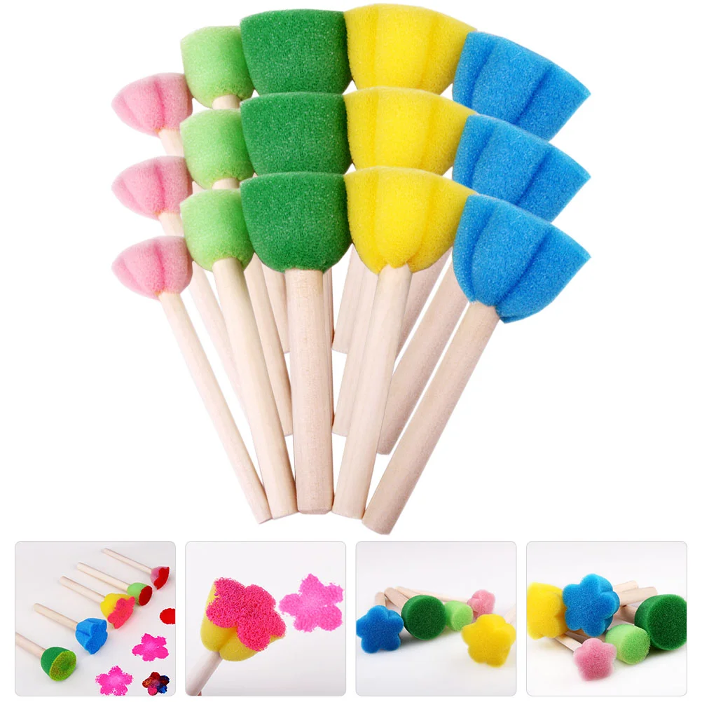 15 Pcs Sponge Stick Painting Materials Tool Kids Graffiti Brush Wand Drawing Stamps Wood DIY Child