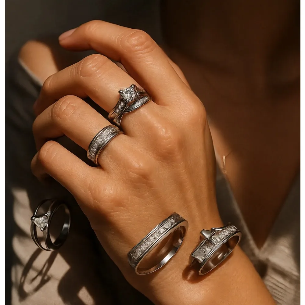 

Комплект обручальных колец из нержавеющей стали с огранкой «Принцесса» и эффектом «Хало» для годовщины и свадьбы