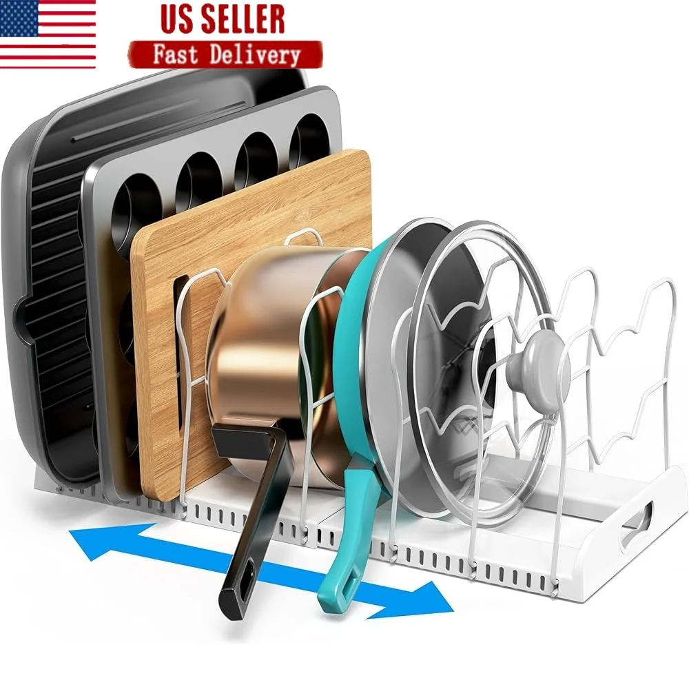 

Expandable Pan Organizer Rack Adjustable Compartment Storage Solution Heavy Duty Metal Kitchen Cabinet Pots Pans Lids Bakeware