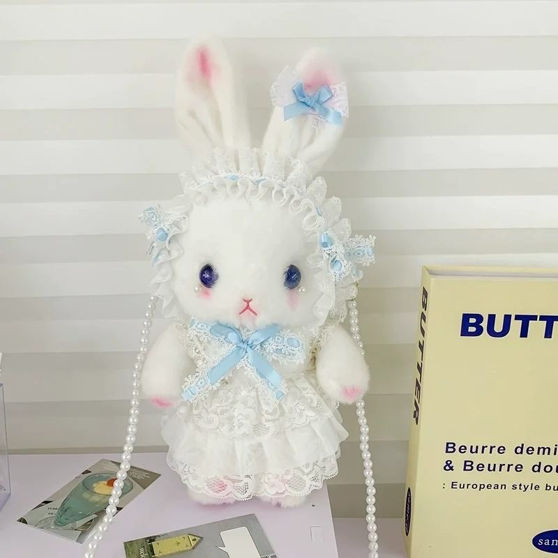 

2025 New Lolita Kawaii Drooping Ear Rabbit Doll Bag Bow Cute Plush Bag Pearl Original Crossbody Backpack Girlfriend Gift