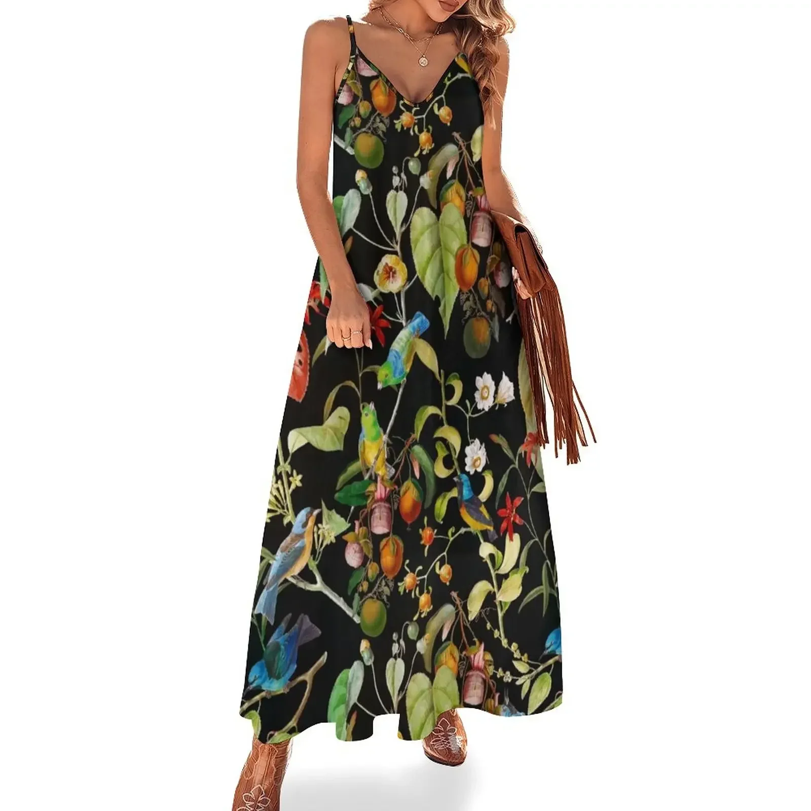 

Vintage tropical sing birds and fruits pattern black Sleeveless Dress dresses for woman 2024 Dress vintage dress for women