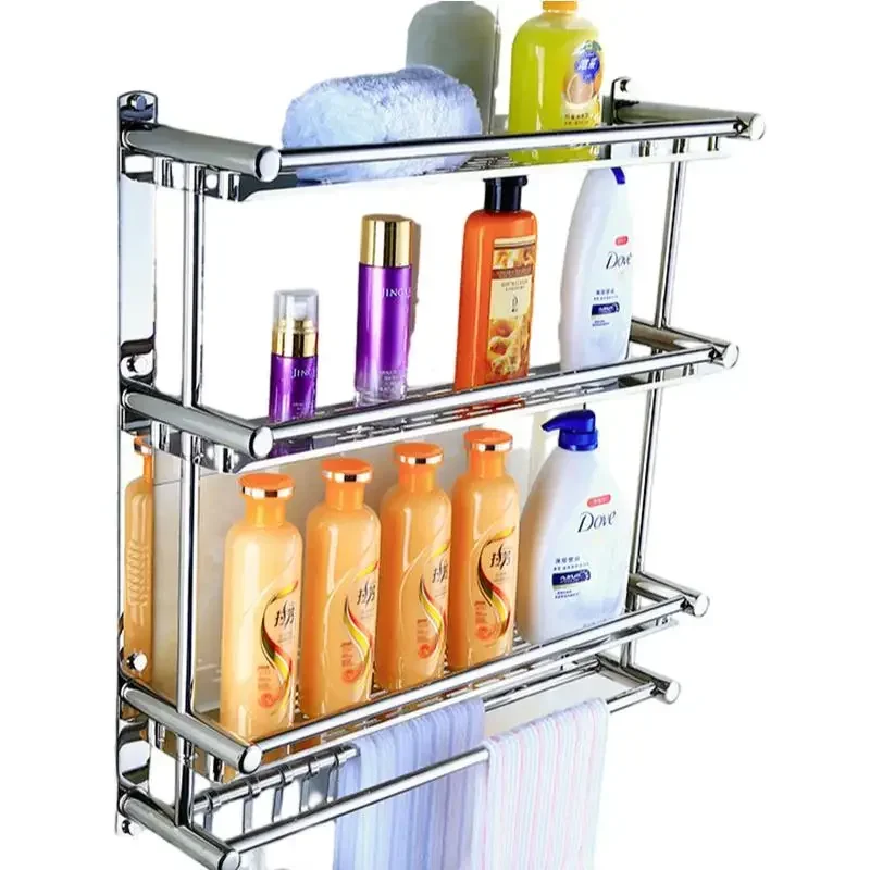 

Stainless Steel Bathroom Storage Shelves Without Punching Drainage Towel Shelf Toilet Wall Hanging Home Organization Racks