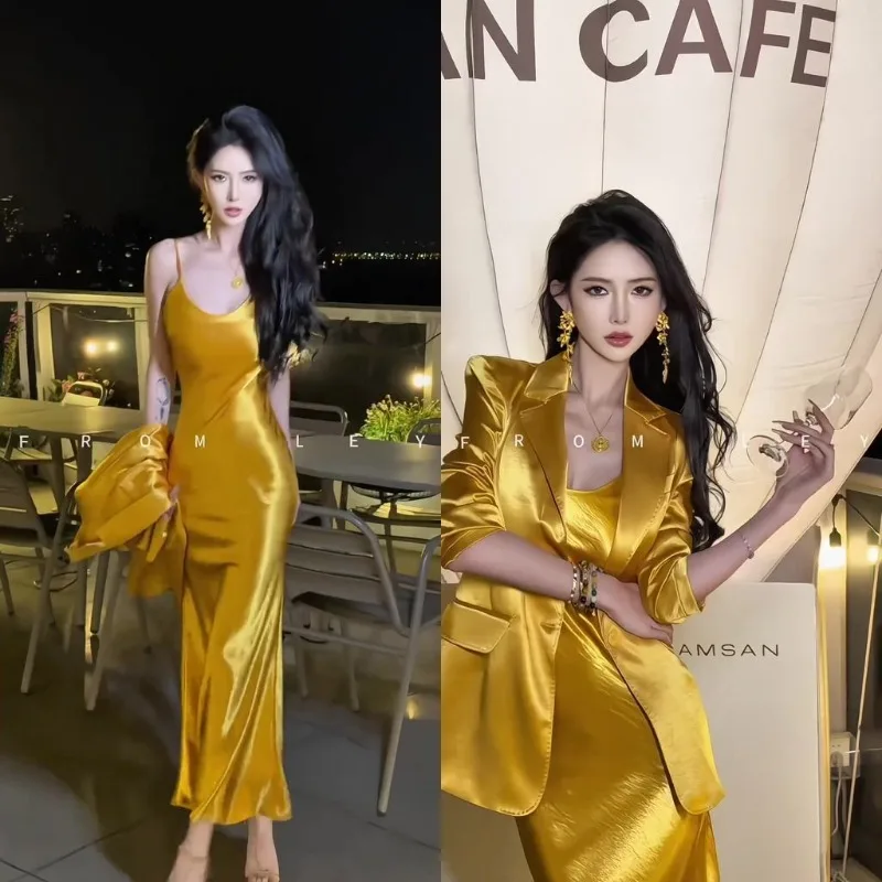 Temperament Commuting Fashion Jacket Suit Suspender Dress Two-piece Suit Thin Spring Autumn Meat Cover Commuter  High Quality