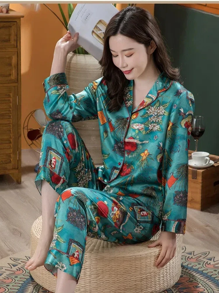 Printed 100% Mulberry Silk Pajama Set Women's Long Sleeve Sleepwear Button Lapel Top With Elastic Pants Nightwear 2 Piece Lounge