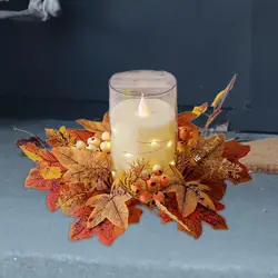 Fall Candle Ring for Pillar Artificial Candle Garland Decor Mini Autumn Wreath Rustic Fall Candle Holders for Bar Home Party