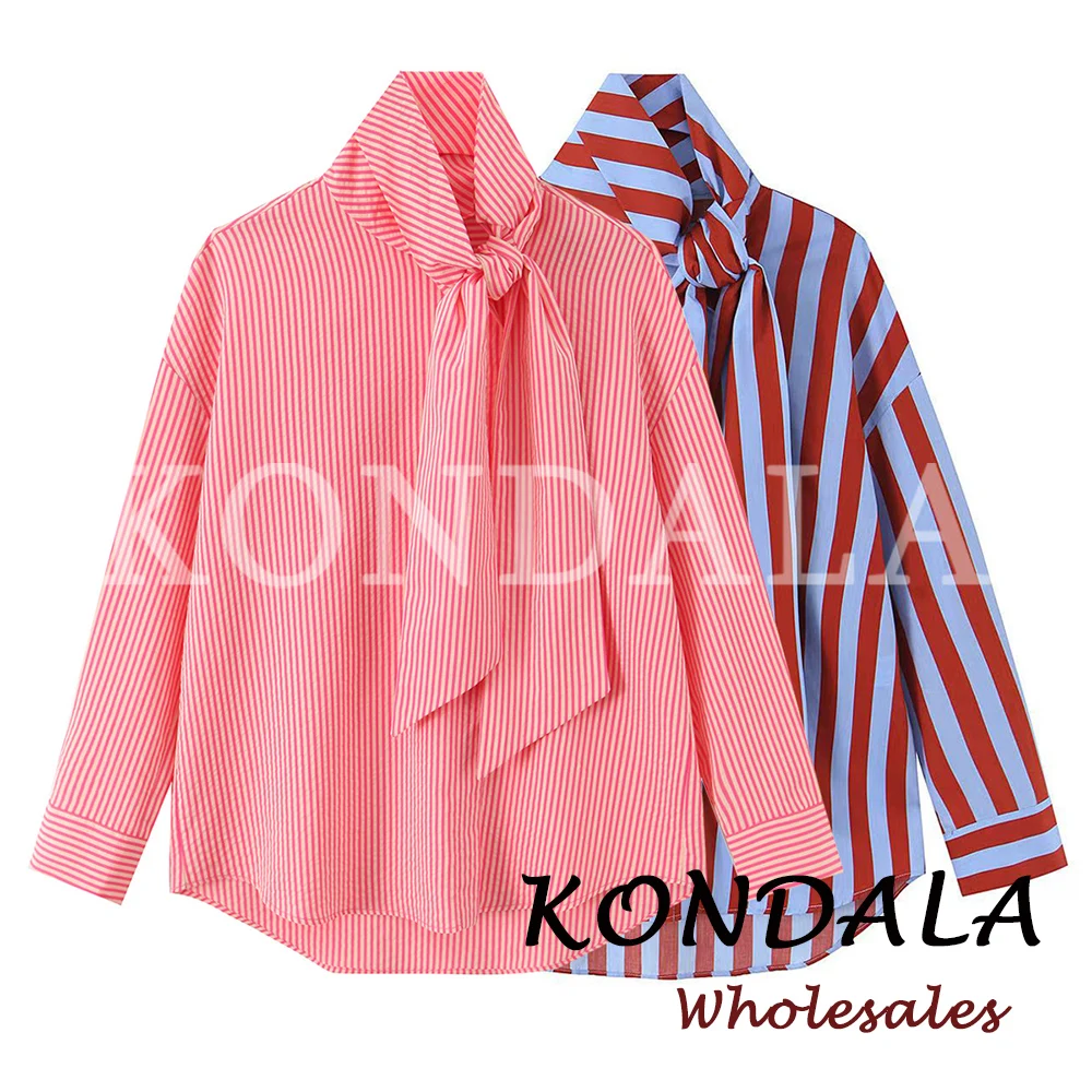 KONDALA Vintage Striped Bow Women Casual Asymmetric Shirt Fashion 2026 Spring Single Breasted Shirt Streetwear Chic Female Shirt image 2