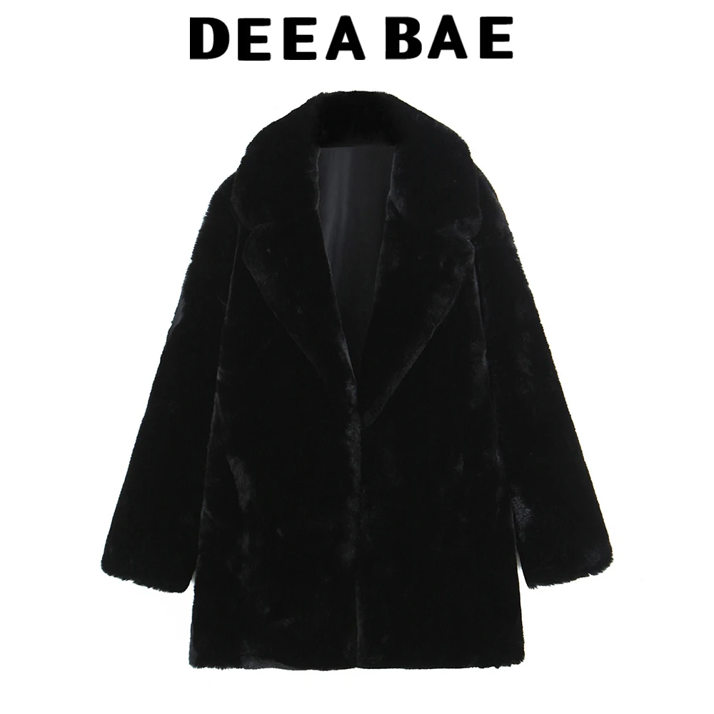 DEEABAE 2025 Winter New Women's Clothing Artificial Fur Effect Flip Collar Long Sleeve Coat Plush Coat