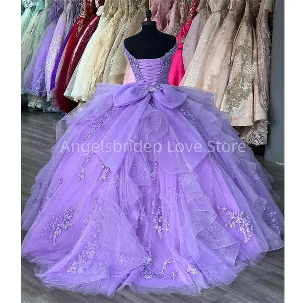 Angelsbridep Aangepaste Paars Glanzende V-hals Baljurk 15-jarige Quinceanera Jurken Sweet 16 Prinses Vestidos De Xv Años