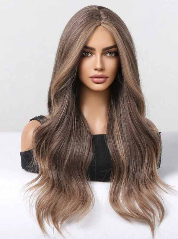 Long Wavy Wig with Bangs Light Brown Blonde Ombre Synthetic Heat Resistant Fiber for Women Daily Party Cosplay Natural Look