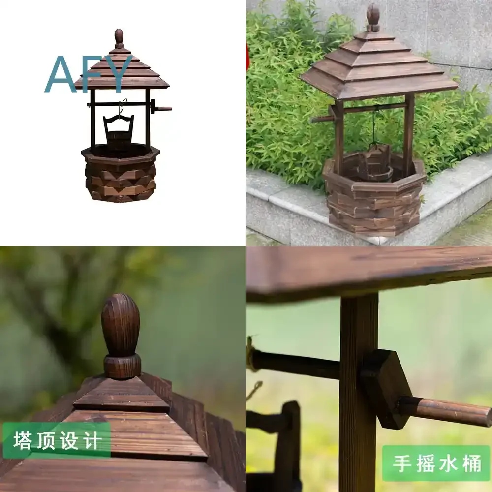 Well Creative Water Well Wooden Slot Villa Garden Decoration Carbonized Flower Pot for Outdoor Patio Yard Landscaping Decor
