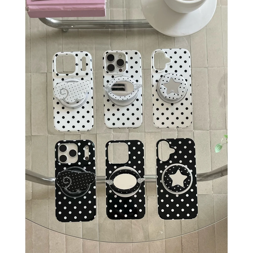 Funda Protectora para Teléfono con Carga Inalámbrica, Diseño Clásico de Estrellas y Puntos Blancos sobre Negro, con Soporte Magnético para Espejo, para iPhone 17 16 15 Pro Max