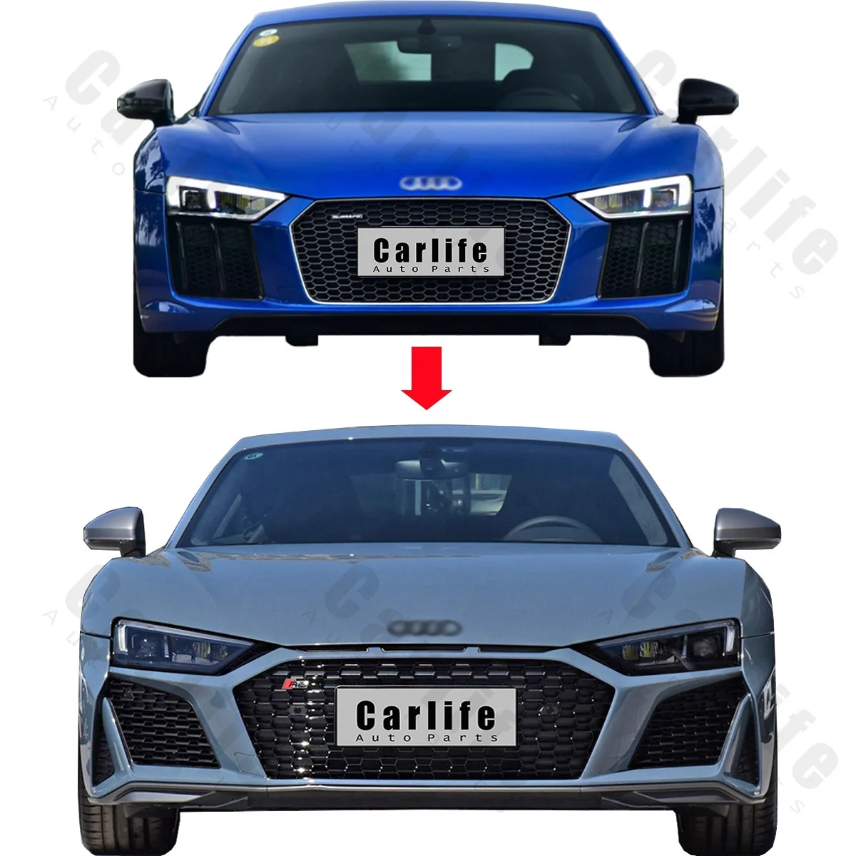 High quality PP material bumpers for Audi R8 2016-2018 upgrade 2021 R8 performance model with front bumper grilles rear bumpers