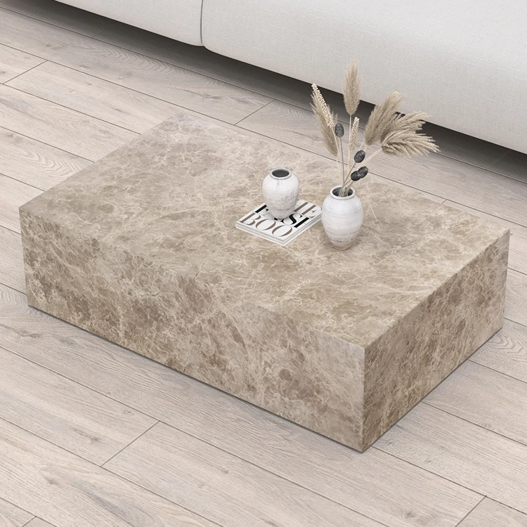 3 Piece Coffee Table Set, Natural Cream Marble Light Emperador Morden Office Pedestal Centre Coffee Table