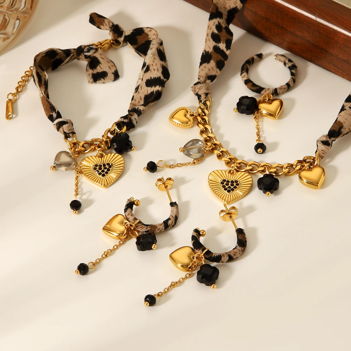 Huang Chao Handmade Heart Shape Earrings Geometric Fashion Stainless Steel Bracelet Leopard Print Necklace Set Tassel Jewelry