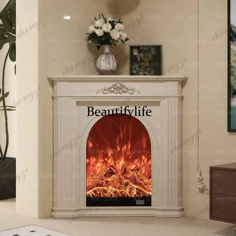 BBB French Fireplace Cabinet Living Room Corner Decoration Simulation Flame Birdcage European Carved Triangle Fireplace Cabinet