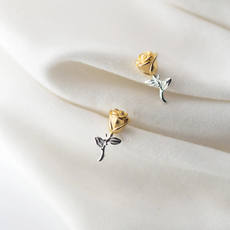 Modian Gold Color Rose Flower Jewelry For Women Charm Tree Leaf Classic Real 925 Sterling Silver Fashion Stud Earrings Gift