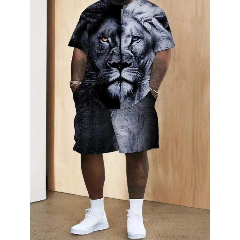 2025 Men's 3D Summer 2-piece Printed Round Neck Short Sleeved T-shirt and Sports Shorts Set Casual Outdoor Daily Polyester Fiber