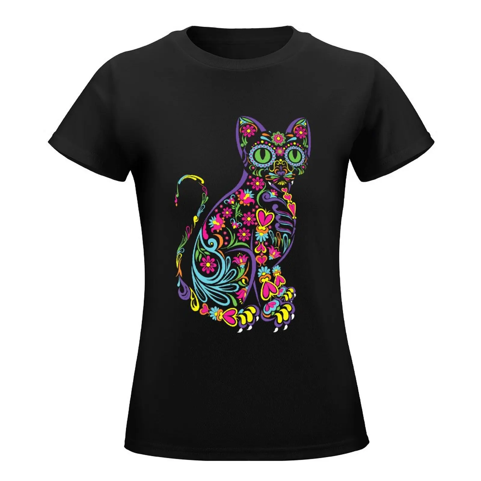 Cat Sugar Skull Dia De Los Muertos Cute Mexican Day Of Dead T-Shirt hippie clothes anime customs Women's tee shirt