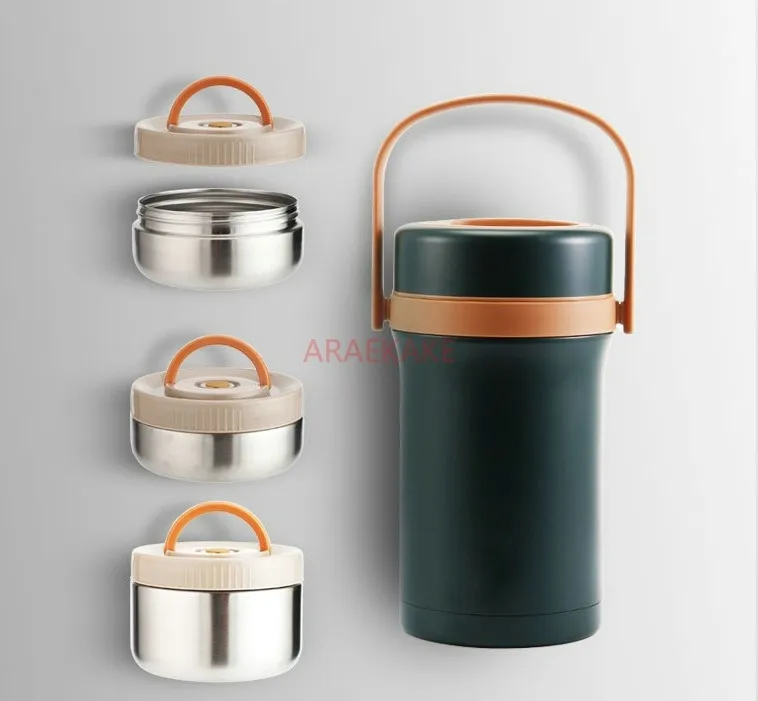 304 stainless steel vacuum insulated lifting pot, adult and student grid lunch box, three-layer anti overflow large capacity ins