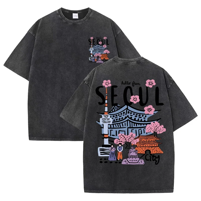 Camiseta Vintage de Seúl, Corea, de Algodón Lavado, con Gráfico Estético de la Ciudad, Estilo Retro, Lavado Ácido, Manga Corta, Estilo Harajuku, Ropa Urbana