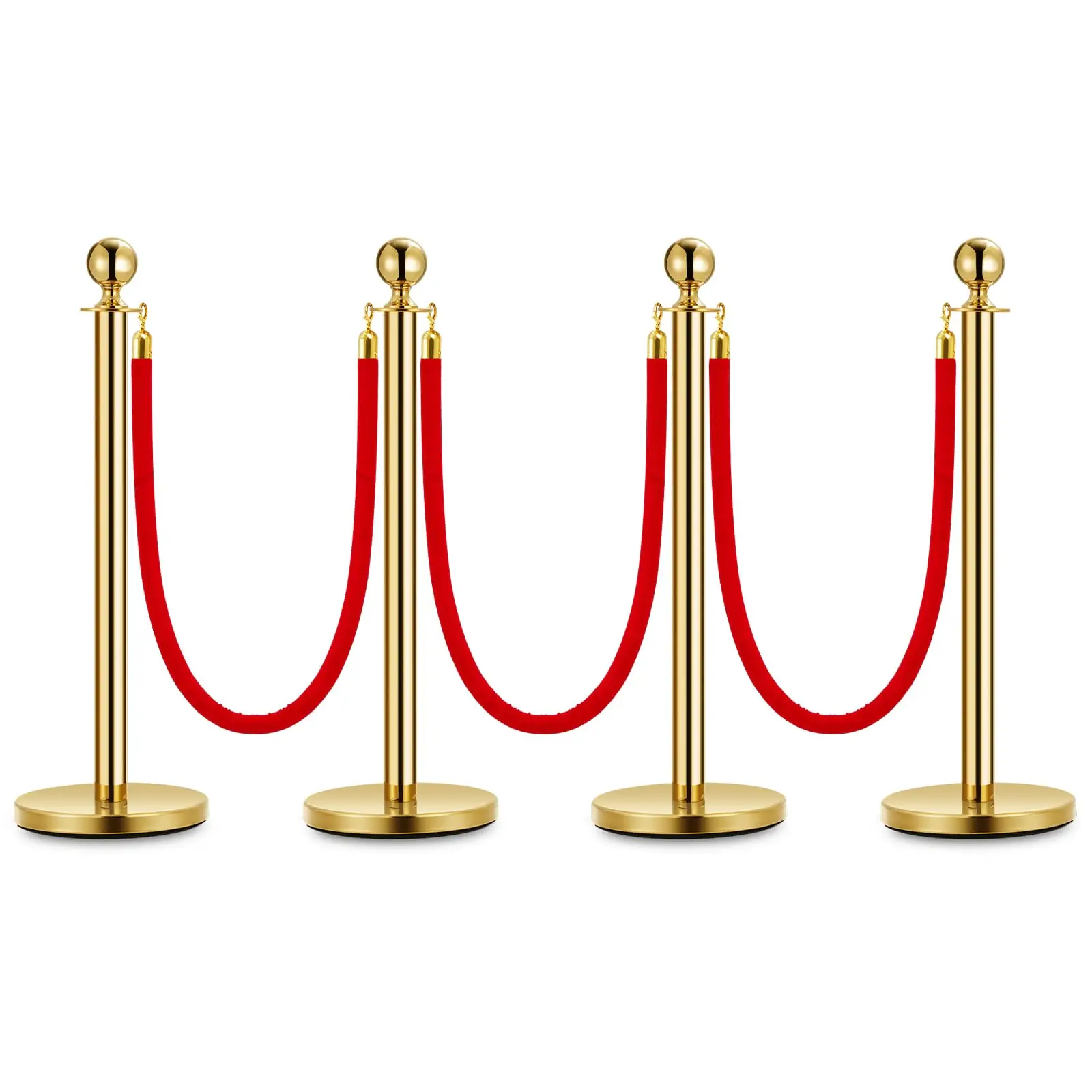 Gold Stainless‑Steel Stanchion Posts with Red Soft Connecting Ropes, Heavy‑Duty Crowd Control Barrier Stanchions for VIP Events, Hotel Lobbies, Parties, Museums, Red Carpet & Queue Line Management