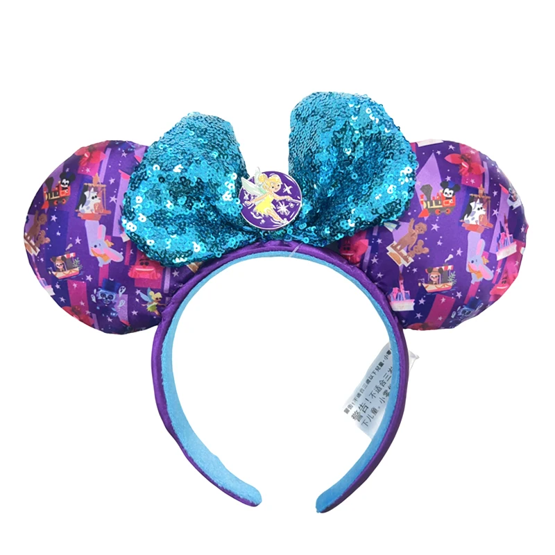 Disney Tinker Bell Mickey Mouse Headband Cartoon Ears Sequin Bow Metal Emblem Adults/Children Purple Disneyland Kids Gift