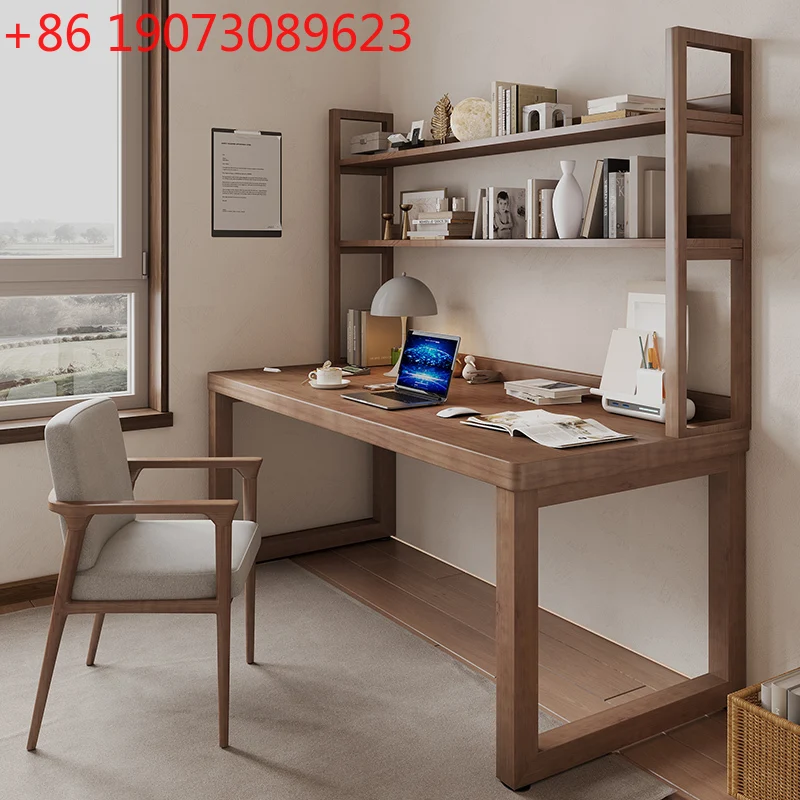 

Simple modern study solid wood desk bookshelf integrated combination long table double workbench study table