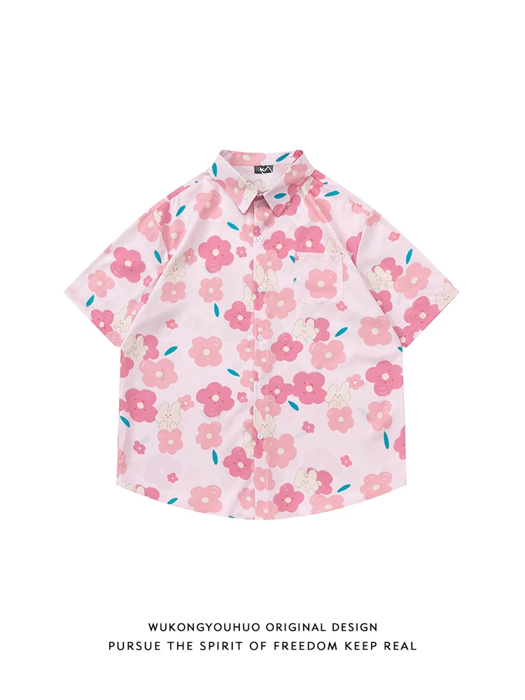 

Summer Original Harajuku Floral Print Short Sleeve Casual Loose Men's Shirt Street Style BF Trendy Couple's Casual Shirt