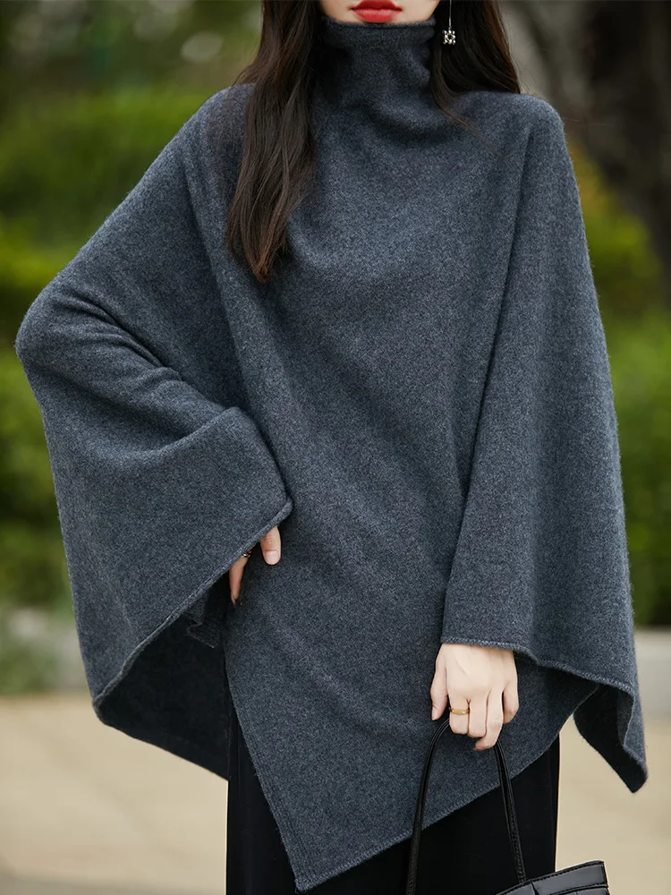 100% Pure Wool Large Size Sweater Women Turtleneck Cape Shawl Korean Fashion Loose Cashmere Knitwear 2024 Winter Female Pullover