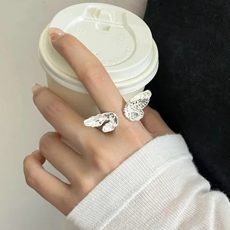 

925 Sterling Silver Chic Butterfly Exaggerated Texture Irregular Opening Ring for Women Fine Jewelry Minimalist Accessories