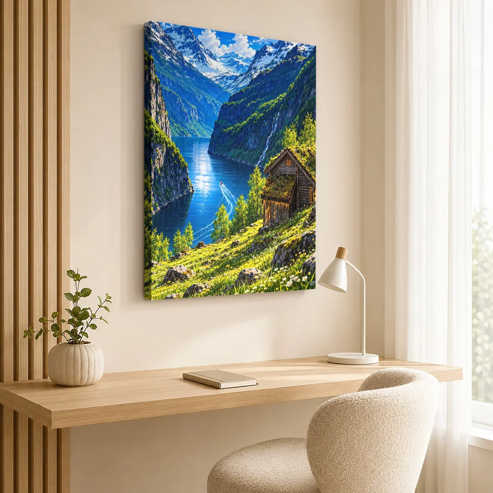 Scenic Norwegian Fjord Landscape Framed Canvas Print Personalized Photo Painterly Wall Art For Reading Nook, Nature Lover Gift