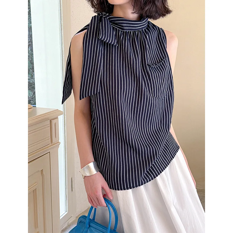 

Korean sleeveless striped women's shirt, loose bow tie, casual style women's top, 2025 new