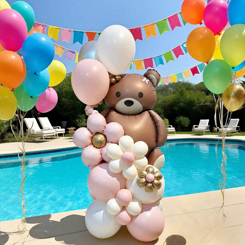 Brown Bear Balloon Set Flower Aluminum Film Balloon Pink Latex Balloon Ribbon Bow for Birthday and Wedding Decoration - view 6