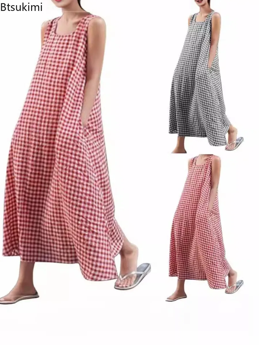 New 206 Summer Women's Plaid Sleeveless Pocket Dress Square Collar Casual Loose Waist Dresses for Women Beach Tank Long Dress