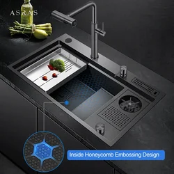 ASRAS Nanometer Waterfall Faucet Cup Rinser Kitchen Sinks Large Size 4mm Panel Handmade Honeycomb Embossing Step Kitchen Sinks